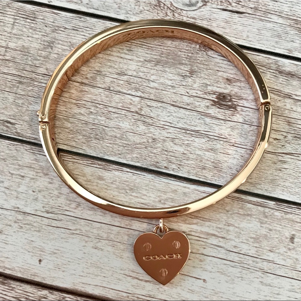 Coach RARE Rose Gold Hinged Bangle Riveted Heart - Picture 2 of 4